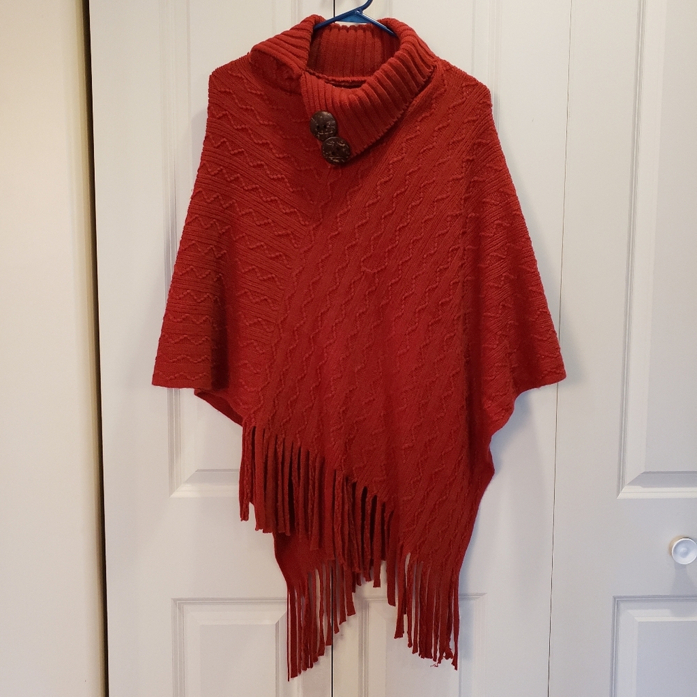 C'Mode Sweater Poncho One Size Cable Burgundy Button Collar Fringe
